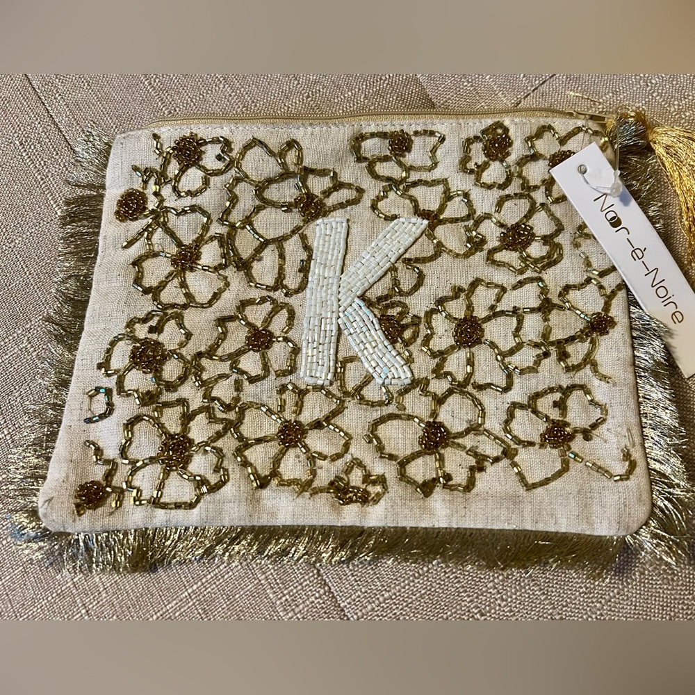 Gold and White Beaded Monogram Clutch